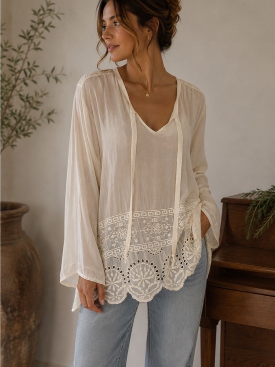 Johnny Was Tops - Johnny Was sz M sheer ivory long sleeve v neck w/ tie detail excellent condition